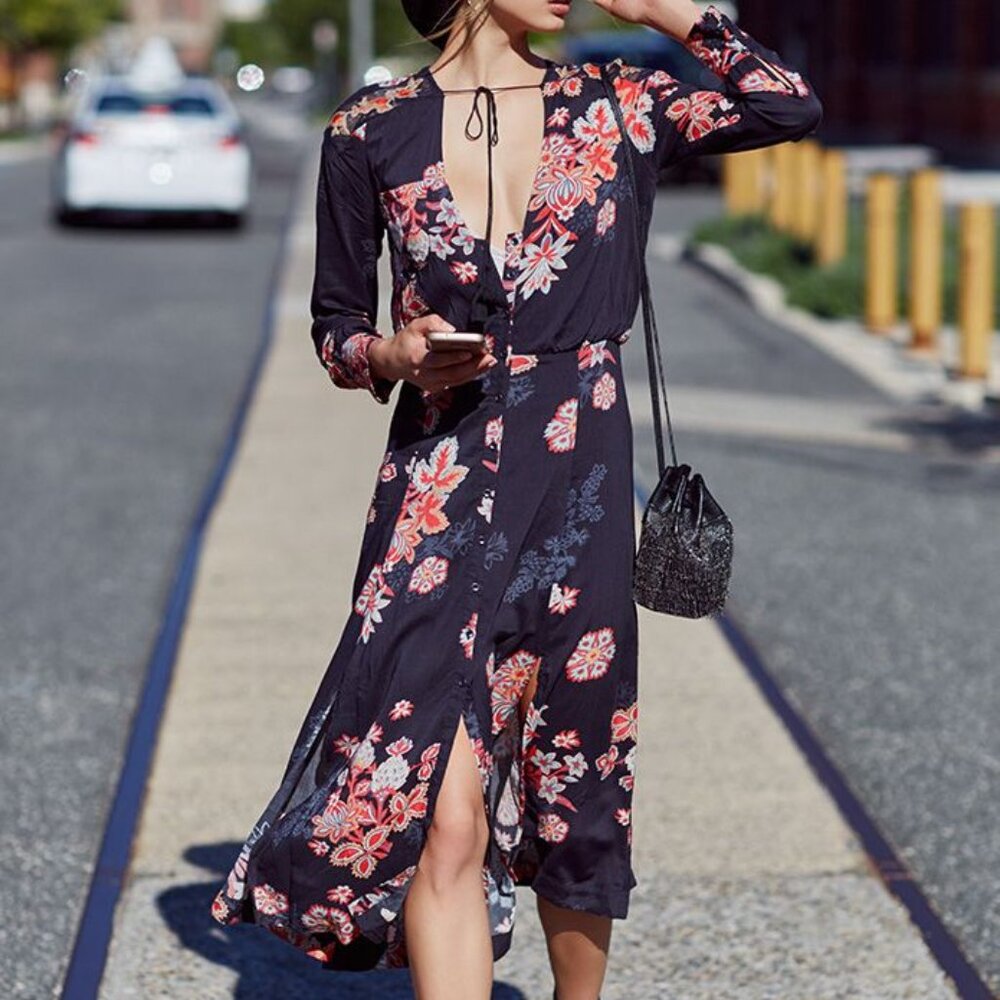 Free People Miranda black floral button front midi dress, Size 0